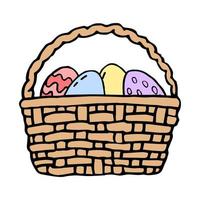 Straw basket with Easter eggs in doodle style isolated on white background vector