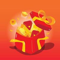 Illustration vector Red gift box. Gold money. Isolated background