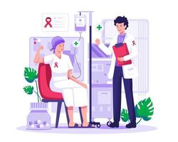 A cancer woman patient is undergoing chemotherapy treatment and supports accompanied by a male doctor. World cancer day concept illustration vector