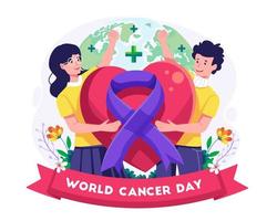 concepto de ilustración del día mundial del cáncer con un hombre y una mujer sosteniendo un gran símbolo de corazón con una cinta morada. ilustración vectorial en estilo plano vector
