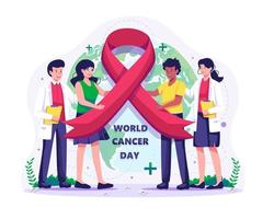People are holding a big red ribbon together to celebrate World Cancer Day. Vector illustration in flat style