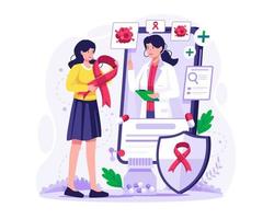 una niña está teniendo una consulta en línea con un médico. diagnóstico y tratamiento de la enfermedad del cáncer. ilustración del concepto de servicio en línea oncólogo vector