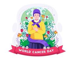 niña feliz con cáncer abrazándose a sí misma con una cinta de apoyo púrpura. concepto de ilustración del día mundial del cáncer vector