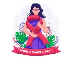 ilustración conceptual del día mundial contra el cáncer con una niña sosteniendo una gran cinta roja de concientización en apoyo del día contra el cáncer vector