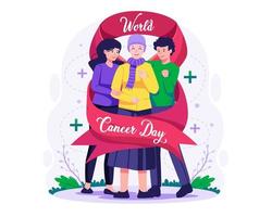 A couple of friends hugging a woman cancer patient wearing a head scarf. wrapped in a big red ribbon. Cancer Day, Supports and Solidarity concept illustration vector