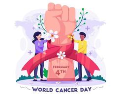 A Couple celebrating World Cancer Day with a big raised hand fist and a red ribbon on the wrist. Vector illustration in flat style