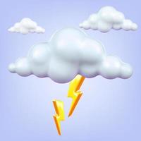 Weather icon Cloud with lightning, Plastic volumetric 3d render. Realistic vector illustration