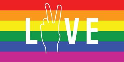 Lettering love with peace sign in the middle on the rainbow background. LGBT Pride Month vector
