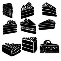 conjunto de siluetas de piezas de pastel de forma triangular, pastelería dulce con capas y crema, opciones de logotipo para panadería o tienda de dulces vector