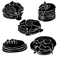 Set of silhouettes of pancakes with syrup and various fruits, options for logo or menu filling, sweet pastries for breakfast vector