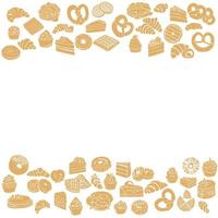 Frame of two horizontal borders with silhouettes of breakfast pastries, silhouettes of different types of croissants, cupcakes, pancakes, waffles, cake pieces, pretzels and donuts vector