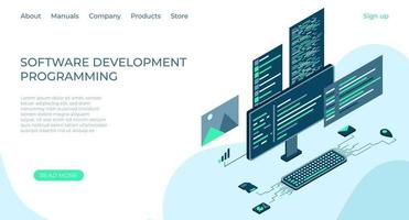 Programming web banner. Modern flat design isometric concept of technology for banner and website. Isometric landing page template. Vector illustration