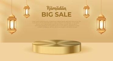 Ramadan big sale promotion poster banner with a podium for display product. Realistic Ramadan Kareem sale Banner with 3D Podium. Vector illustration