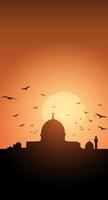 Dark mosque silhouette on sunset. Mosque vector silhouette in ramadan kareem. Mosque shape in evening sky with sun. Vector illustration