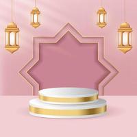 Gold islamic product display mockup. Ramadan kareem with golden lamp and podium. 3d product display podium themed islamic with lantern. Vector illustration