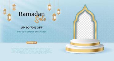 Ramadan sale promotion poster banner with a podium for display product. Realistic ramadan kareem sale banner with 3D podium. Vector illustration