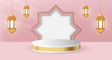 3d product display podium themed islamic with lantern for ramadan. Islamic 3d display podium decoration with realistic lantern. Social media post with empty space for photo. Vector illustration