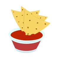 Colorful image of corn Mexican chips Nachos and tomato sauce in the transparent glass bowl. Sticker vector