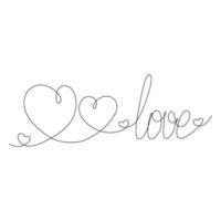 Continuous line drawing sign of love two Hand drawn hearts and lettering love. Happy Valentines day vector