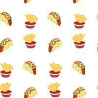 Seamless pattern with nachos and transparent sauce ball and tacos with vegetables and champignons. vector