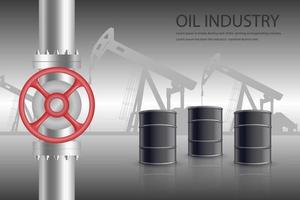 Gas or oil pipes with barrels. Oil and gas pipeline vector