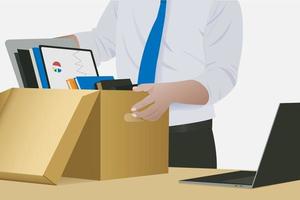 Return to the office. The businessman brings a cardboard box with documents to the office. Beginning of work vector