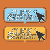 Click and collect button with cursor. Button with hand pointer clicking. Click here banner. Smartphone social media interface vector