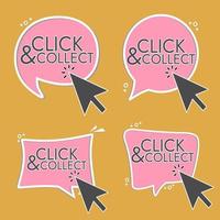 Click and collect button with cursor. Button with hand pointer clicking. Click here banner. Smartphone social media interface vector