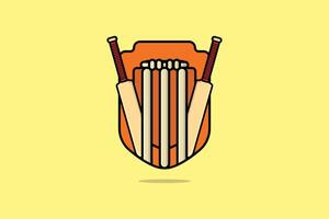Cricket Bat with Wicket vector illustration. Sports objects icon concept. Team club cricket badge shield vector design on yellow background with shadow.