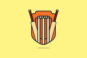 Cricket Bat with Wicket vector illustration. Sports objects icon concept. Team club cricket badge shield vector design on yellow background with shadow.