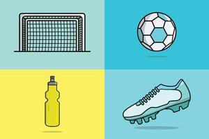 Collection of Soccer sports game objects vector illustration. Goal Net, Soccer Ball, Shoe, Mineral Water Bottle collection icon vector design. Colorful sports elements objects icon concept.