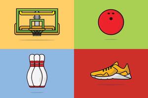 juego de bolos, bolos, zapatos y aro de baloncesto y elementos deportivos de anillo ilustración vectorial. concepto de icono de símbolos de objetos deportivos. ilustración de conjunto de iconos de equipo de juego deportivo ... ver más
