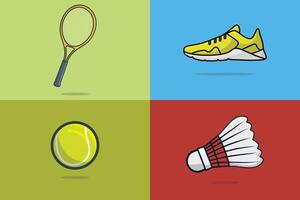 Ilustración de vector de colección de juegos de deportes de bádminton y pelota de tenis. concepto de icono de objetos deportivos. bádminton, pelota de tenis, zapatos y raquetas de diseño vectorial de iconos deportivos. logotipo de icono de equipo deportivo redondo.