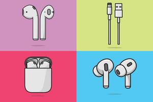Wireless Headphones, headphone box, Wire Earphones Charge Connector and Charger vector illustration. Set of Smart Phone listening and Connecting technology objects icons concept vector. -