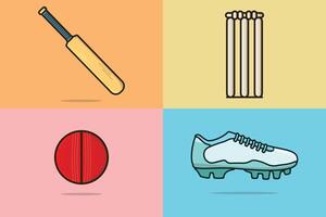 conjunto de ilustración de vector de elementos de juego de deportes de cricket. concepto de icono de objetos deportivos. diseño de vector de colección de wicket, pelota de cricket, zapato y bate de cricket. ilustración de icono de equipo de deporte colorido.