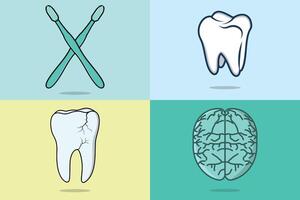 Ilustración de vector de iconos de objetos de colección de atención médica y de salud. conjunto de elementos de clínica dental dientes, dientes dañados, cepillo de dientes y diseño de vectores cerebrales humanos. dentista médico, cuidado de dientes o dolor.