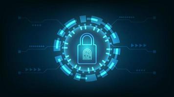 digital padlock and fingerprint with HUD virtual screen on dark blue background. cyber security technology and privacy data protection concept vector