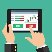 online trading stocks currency, hand pushing a button on a touch screen interface, Vector Flat design