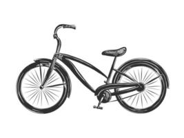 Vector engraved style illustration for posters, decoration and print. Hand drawn sketch of bicycle in monochrome isolated on white background. Detailed vintage woodcut style drawing.