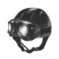 Vector engraved style illustration for posters, decoration and print. Hand drawn sketch of motorcyrcle helmet in monochrome isolated on white background. Detailed vintage woodcut style drawing.