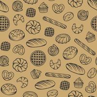 Bakery vector seamless pattern with engraved elements. Background design with bread, pastry, pie, buns, sweets, cupcake. Collection of modern linear graphic, food hand drawn sketches for bakery shop.