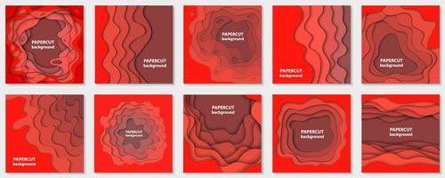 Vector collection of 10 backgrounds with red gradient paper cut shapes. 3D abstract paper art style, design layout for business presentations, flyers, posters, prints, decoration, cards, brochure