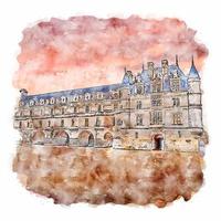 arquitectura castillo francia acuarela boceto dibujado a mano ilustración vector