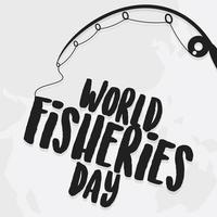 carta del día mundial de la pesca con caña de pescar y fondo de mapa mundial vector