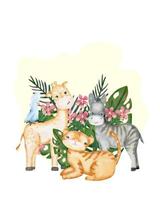 African watercolor animals, zebra, parrot, tiger,  giraffe, leaves and flowers of the tropical jungle vector