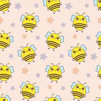 Childish pattern with cute kawaii little bee and stars, kids print. Cartoon seamless background, cute vector texture for kids bedding, fabric, wallpaper, wrapping paper, textile, t-shirt print