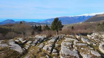 A Wide Scenery Of A Hill Full Of Rocks And Bare Trees With Various Plants video