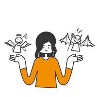 hand drawn doodle person confused to choose between good angels and bad demons illustration vector