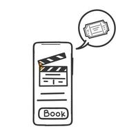 doodle dibujado a mano reserva de entradas de cine en línea en el teléfono móvil vector