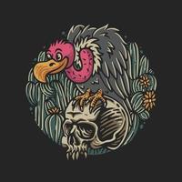 vector illustration skull with desert bird perched on it against cactus background with circle shape for t shirt design